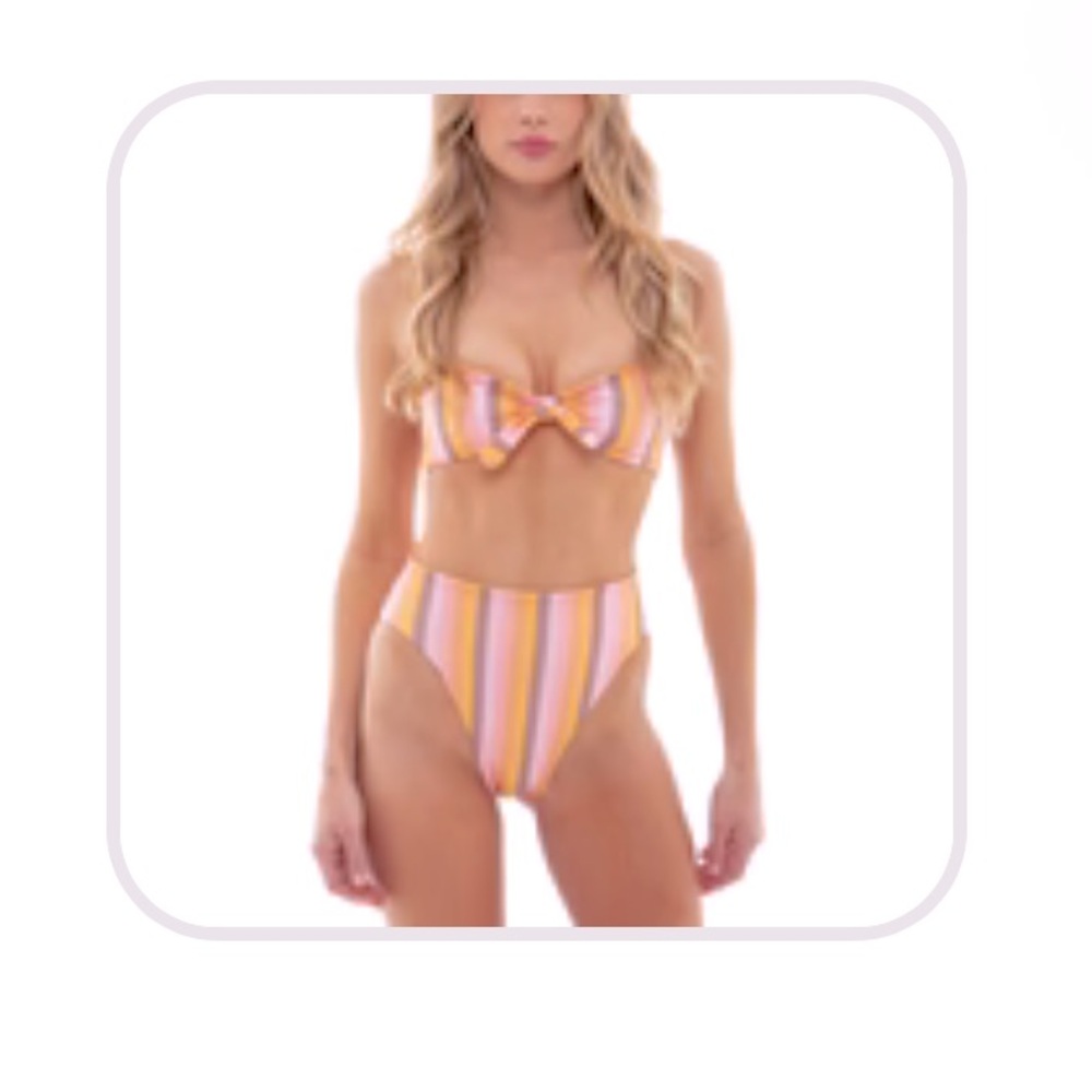Skatie Pink and Yellow Striped High-Waist Bikini